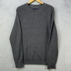 Lucky Brand Mens Large Gray Sweater Henley Gray Knit Cashmere Blend Pullover EUC